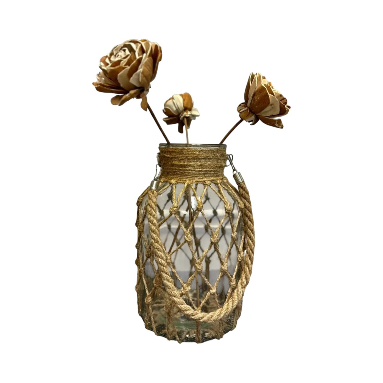 Hanging Glass Vase with Rope Net Wall Planter Flower Holder 7.8 Inch